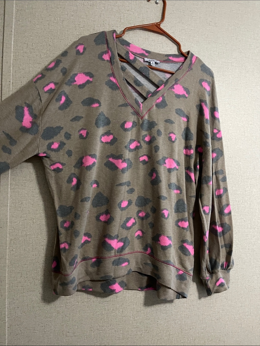 white birch Taupe Leopard V-Neck Sweater with Pink and Gray Spots